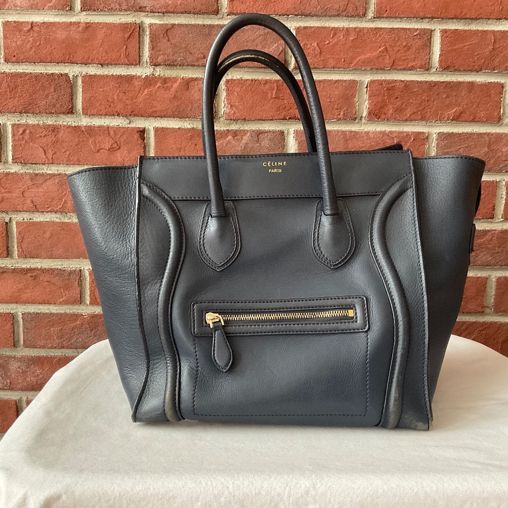 Celine Navy Leather Luggage Zip Tote